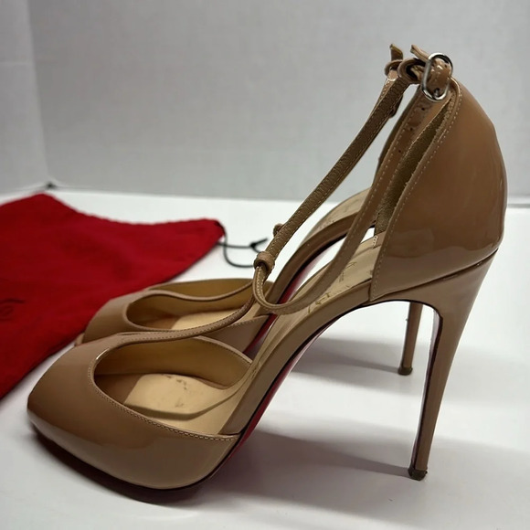 Christian Louboutin Senora T-strap High Heel Heels Shoes 100 MM Tan Nude Size 38 - Picture 7 of 13